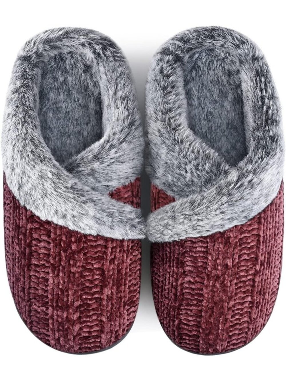Women's Wine Red Fuzzy House Slip on Outdoor Anti-Skid Rubber Slipper Shoes